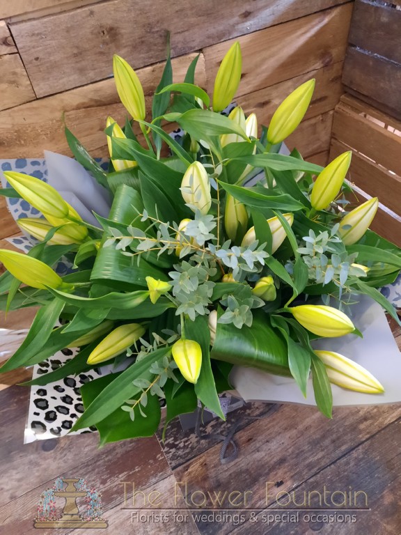 White oriental lilies and lush foliage flower bouquets are one of our all-time bestsellers, long-lasting and amazing fragrances, you cannot go wrong.