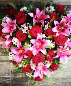 Pink Lily and Red Rose Mixed Heart Funeral Tribute | The Flower Fountain | Funeral Flowers Stoke on Trent