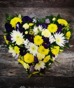 Yellow Purple and White Mixed Heart Funeral Tribute | The Flower Fountain Funeral Flowers | Stoke on Trent