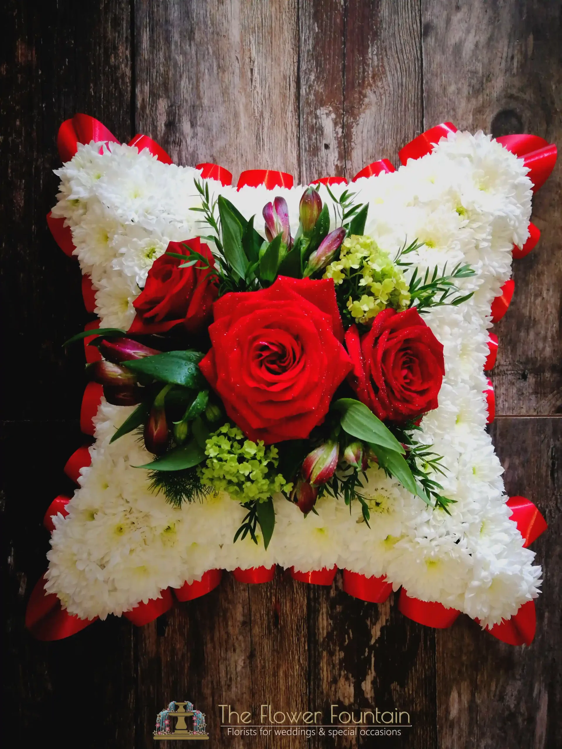Classic Red & White Cushion - The Flower Fountain Funeral Flowers Stoke on Trent