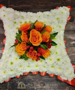 Classic Orange and White Funeral Cushion - The Flower Fountain - Funeral Flowers - Stoke on Trent