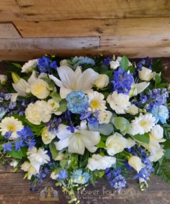 Blue and White Double Ended Casket Spray - The Flower Fountain Funeral Florists Stoke on Trent