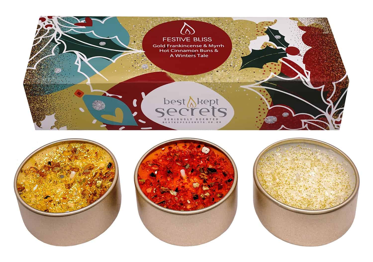 Seriously Scented Three Lites – Festive Bliss | Gold, Frankincense & Myrrh, Hot Cinnamon Buns, and A Winter’s Tale
