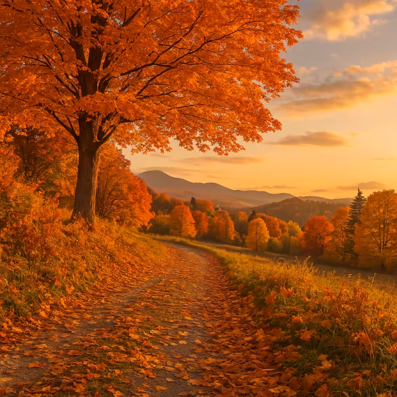 Beautiful autumn scenery with golden leaves and sunset over trees, perfect seasonal inspiration for autumn flowers in Stoke-on-Trent.
