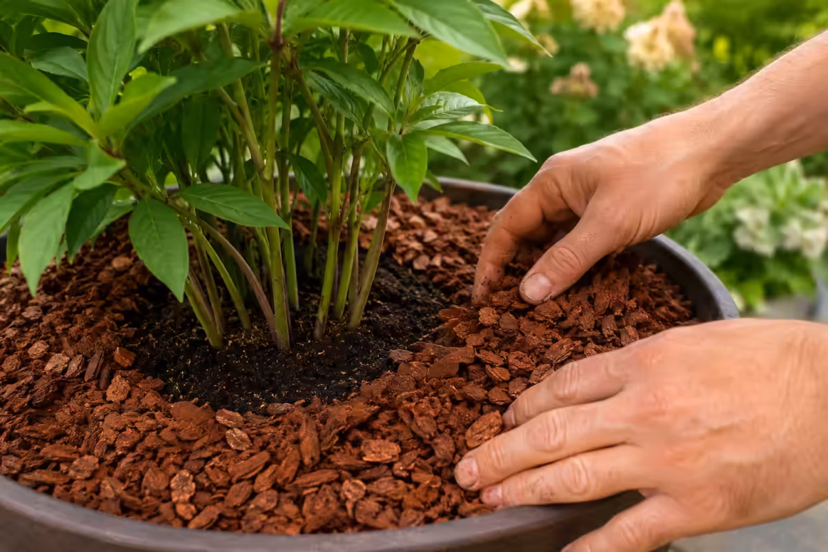 Bark mulch spread over compost in an outdoor planter to help retain moisture