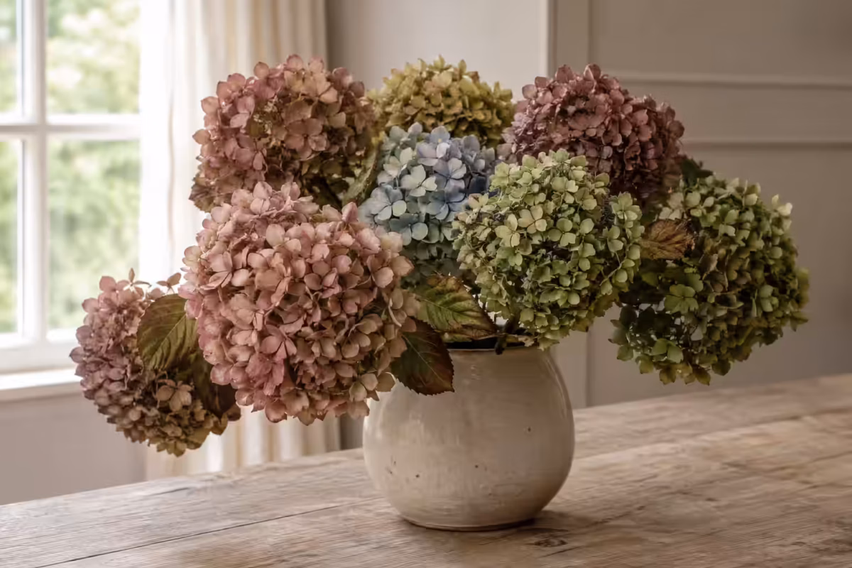 Mature pink, green and blue hydrangeas drying naturally in a ceramic vase.