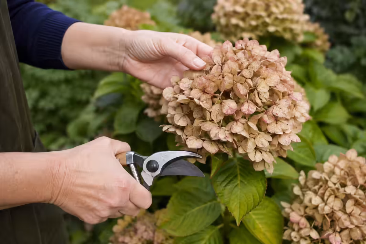 Checking whether a mature hydrangea flower is ready to cut and dry.