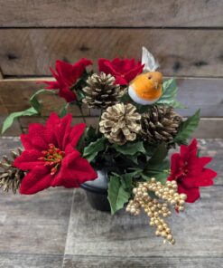 Christmas Poinsettia Character Artificial Flowers in Grave Pot